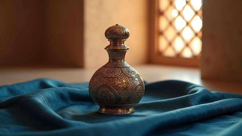 Flacon emblématique d'Amouage posé sur un marbre noir