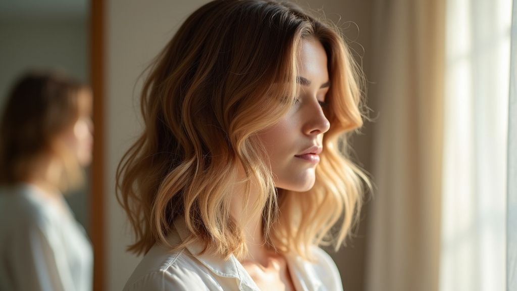 Femme avec une coupe dégradée mi-longue élégante