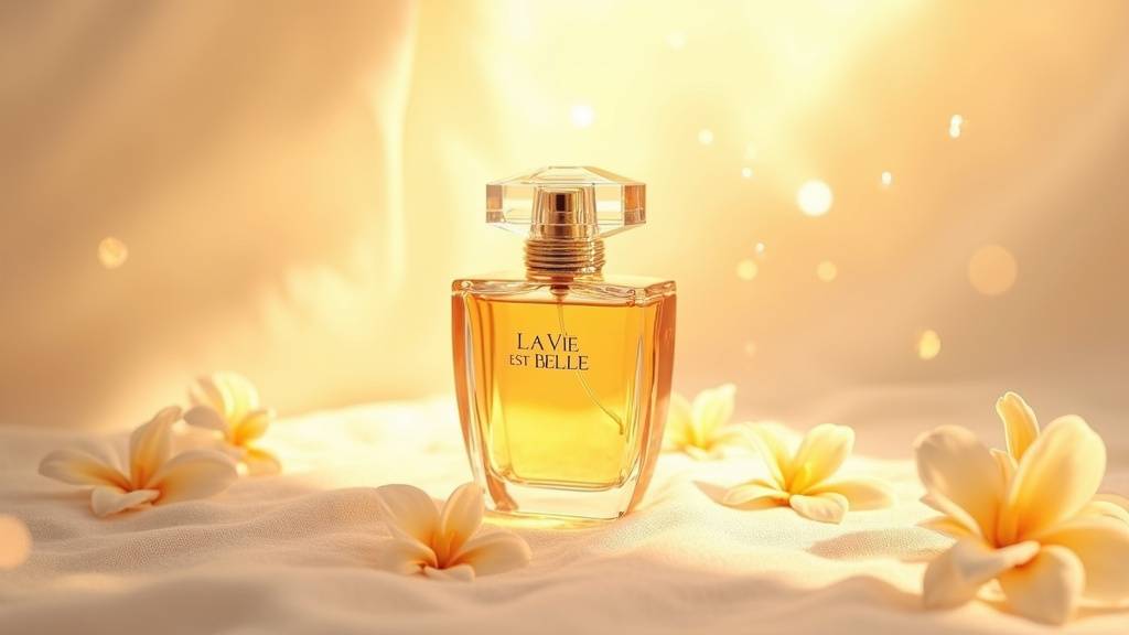Flacon La Vie est Belle de Lancôme avec un fond fleuri