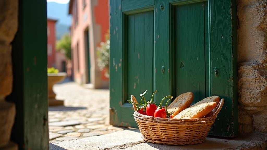 Marché local basque avec des produits traditionnels comme le piment d'Espelette et le jambon de Bayonne