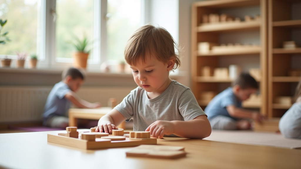 Enfant concentré sur une activité Montessori avec du matériel sensoriel