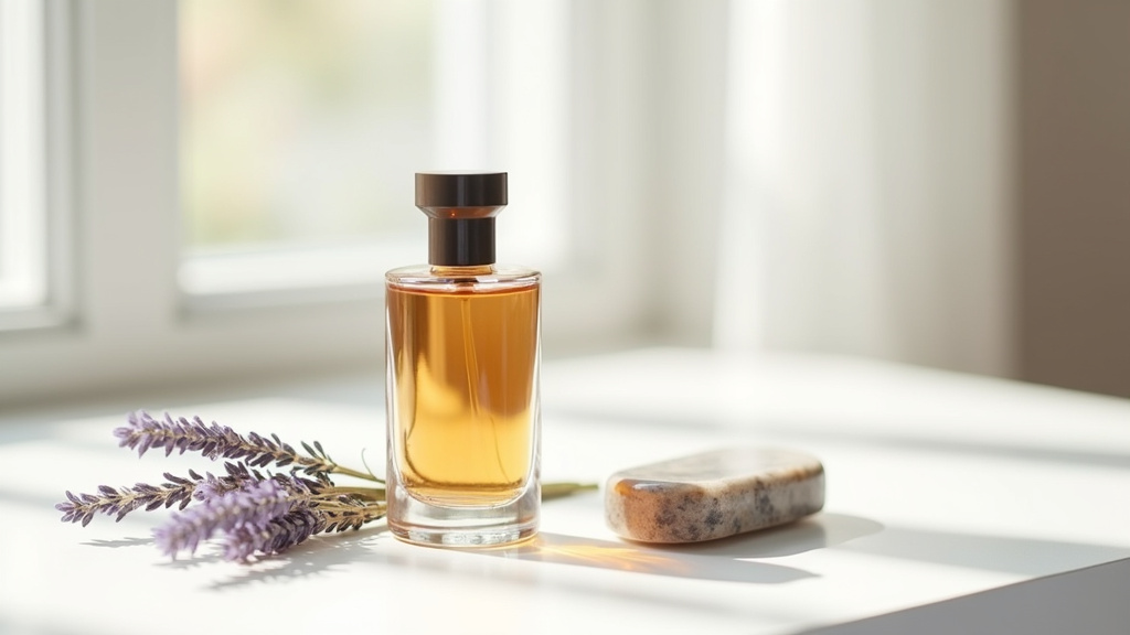 Flacon de parfum Olfazeta sur fond noir élégant